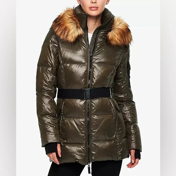 S13 Chalet Belted Faux Fur Trim Down-Fill Hooded Puffer Jacket Dark Green Sz M - Picture 2 of 14